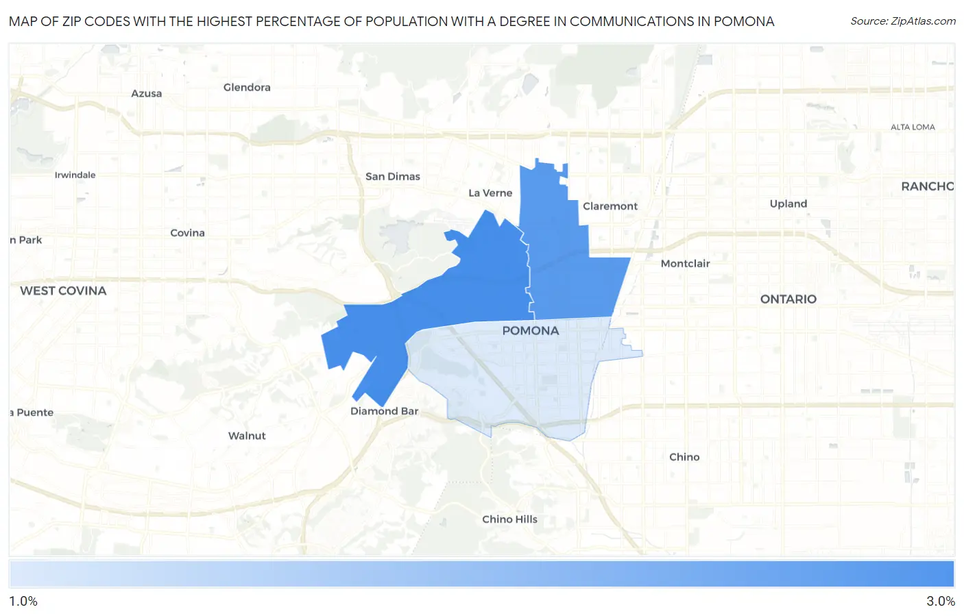 Zip Codes with the Highest Percentage of Population with a Degree in Communications in Pomona Map