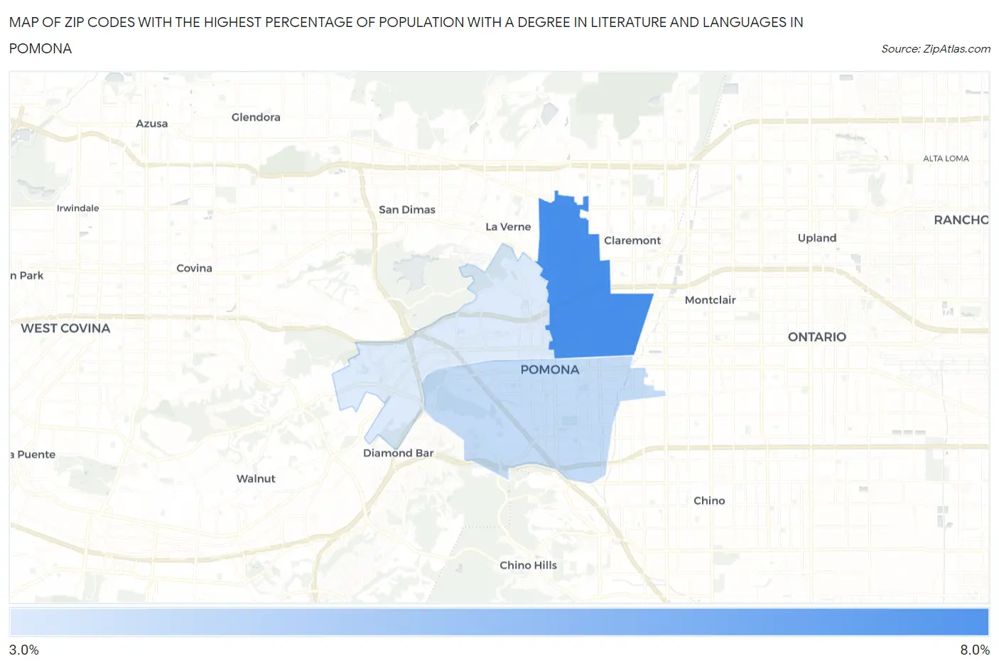 Zip Codes with the Highest Percentage of Population with a Degree in Literature and Languages in Pomona Map
