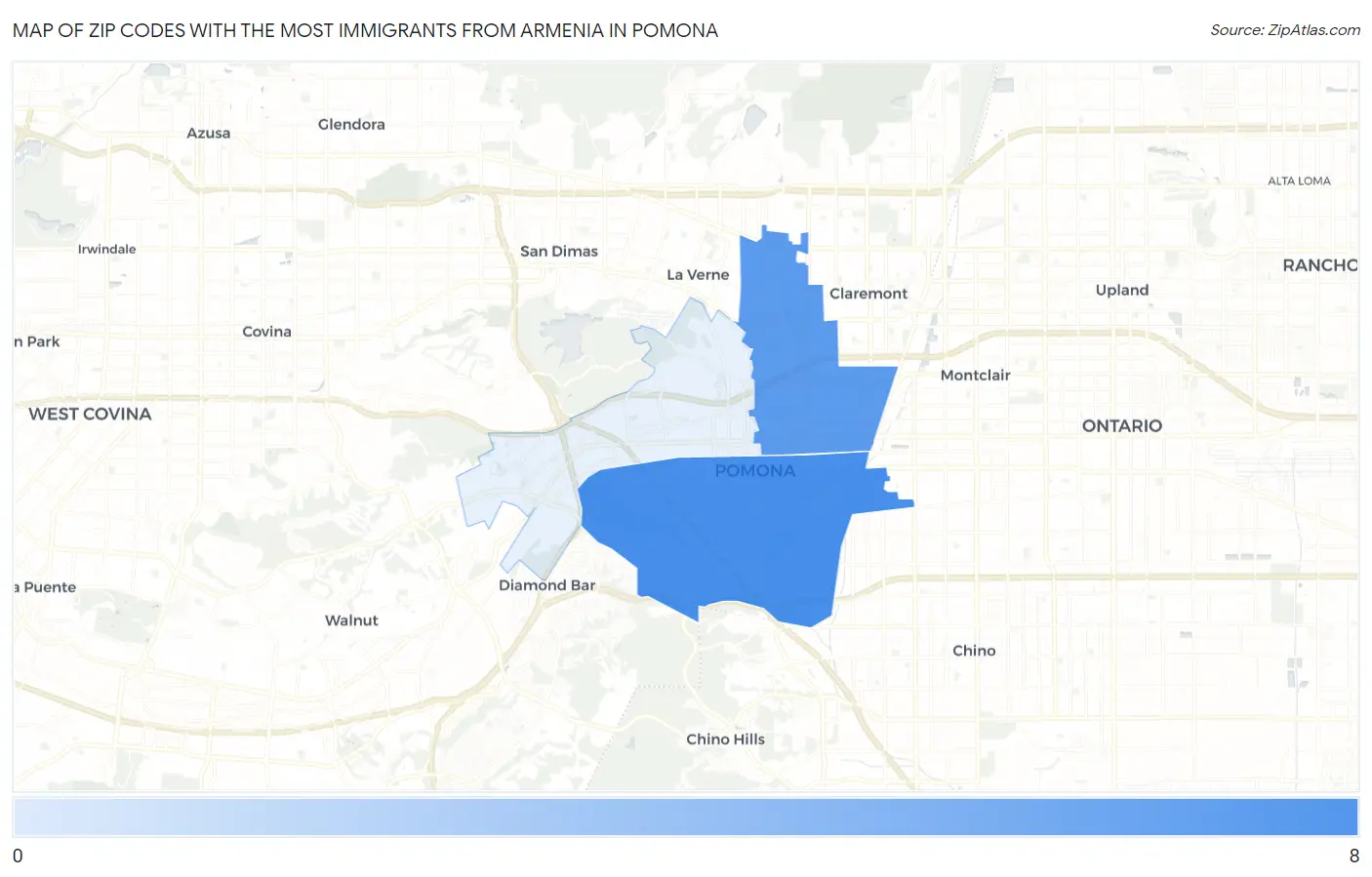 Zip Codes with the Most Immigrants from Armenia in Pomona Map