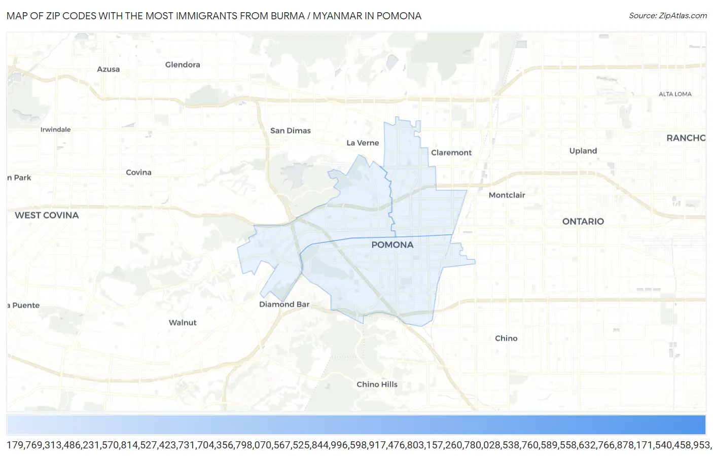 Zip Codes with the Most Immigrants from Burma / Myanmar in Pomona Map