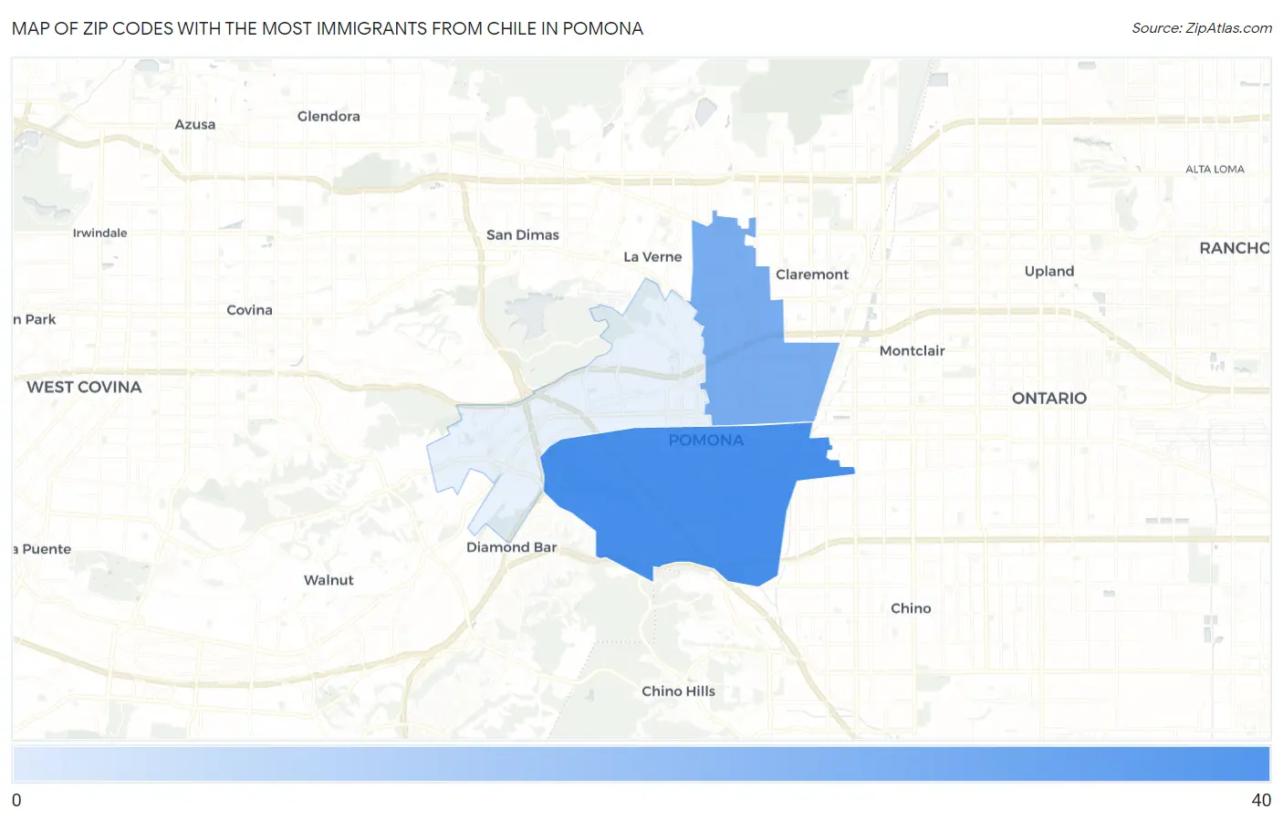 Zip Codes with the Most Immigrants from Chile in Pomona Map