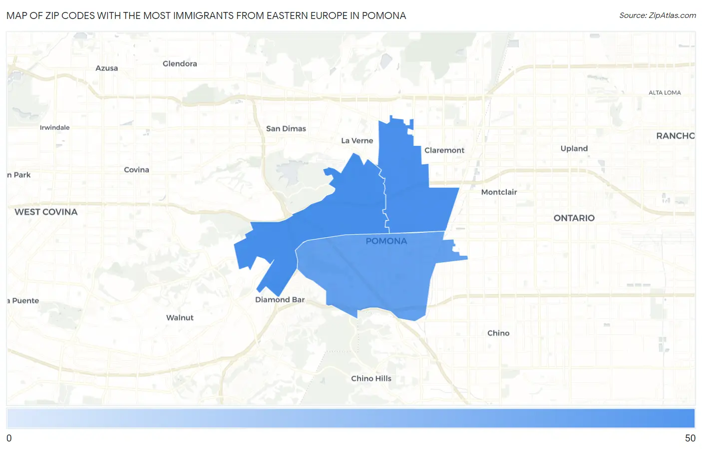 Zip Codes with the Most Immigrants from Eastern Europe in Pomona Map