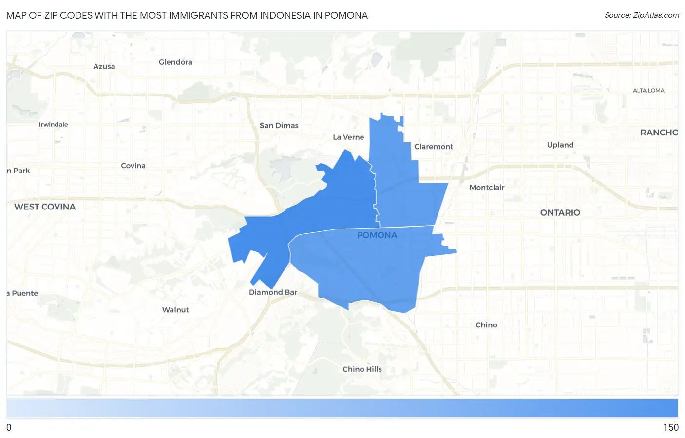 Zip Codes with the Most Immigrants from Indonesia in Pomona Map