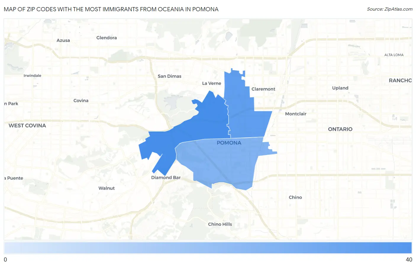 Zip Codes with the Most Immigrants from Oceania in Pomona Map