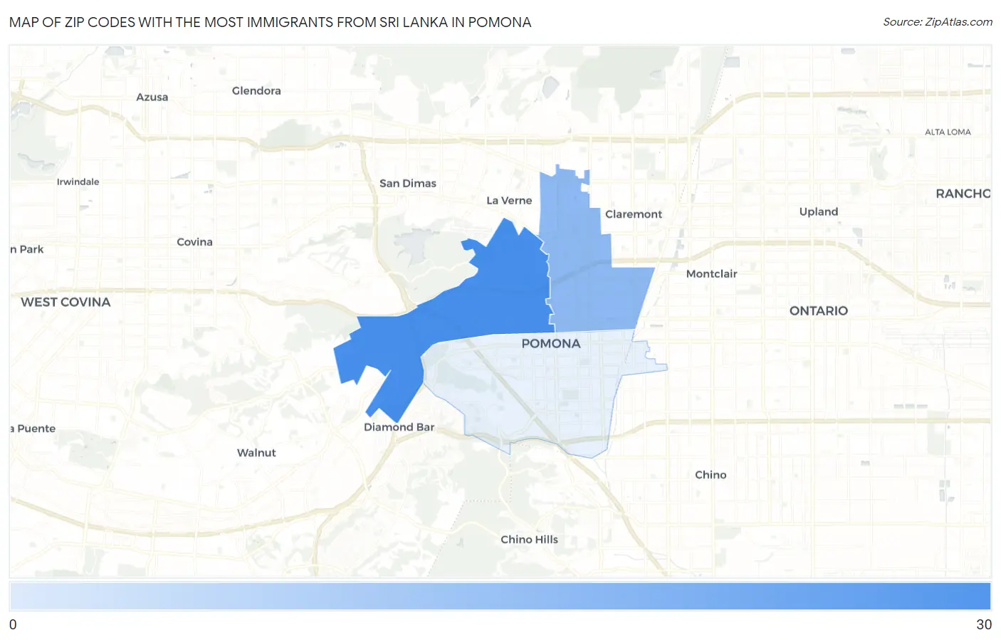 Zip Codes with the Most Immigrants from Sri Lanka in Pomona Map