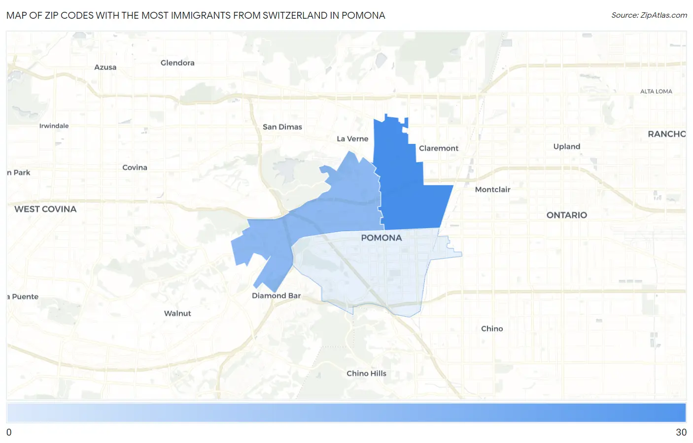 Zip Codes with the Most Immigrants from Switzerland in Pomona Map