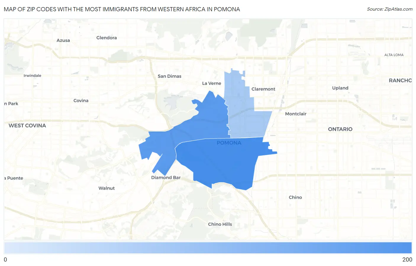Zip Codes with the Most Immigrants from Western Africa in Pomona Map