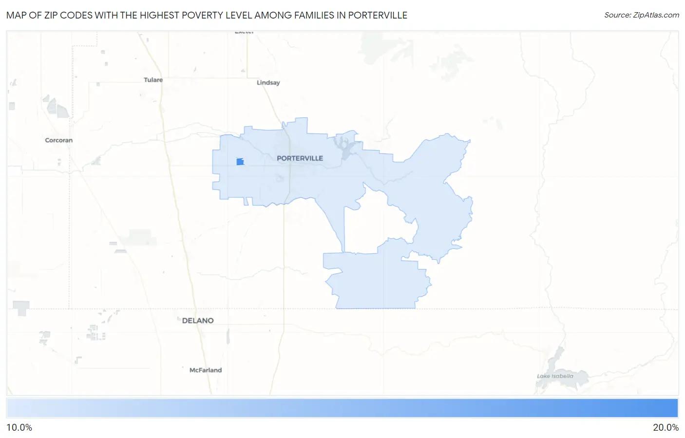 Zip Codes with the Highest Poverty Level Among Families in Porterville Map