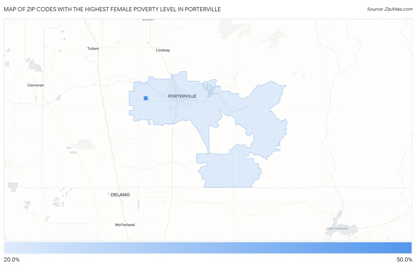 Zip Codes with the Highest Female Poverty Level in Porterville Map