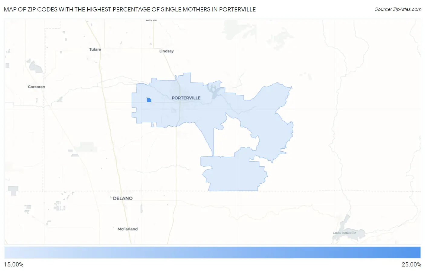 Zip Codes with the Highest Percentage of Single Mothers in Porterville Map