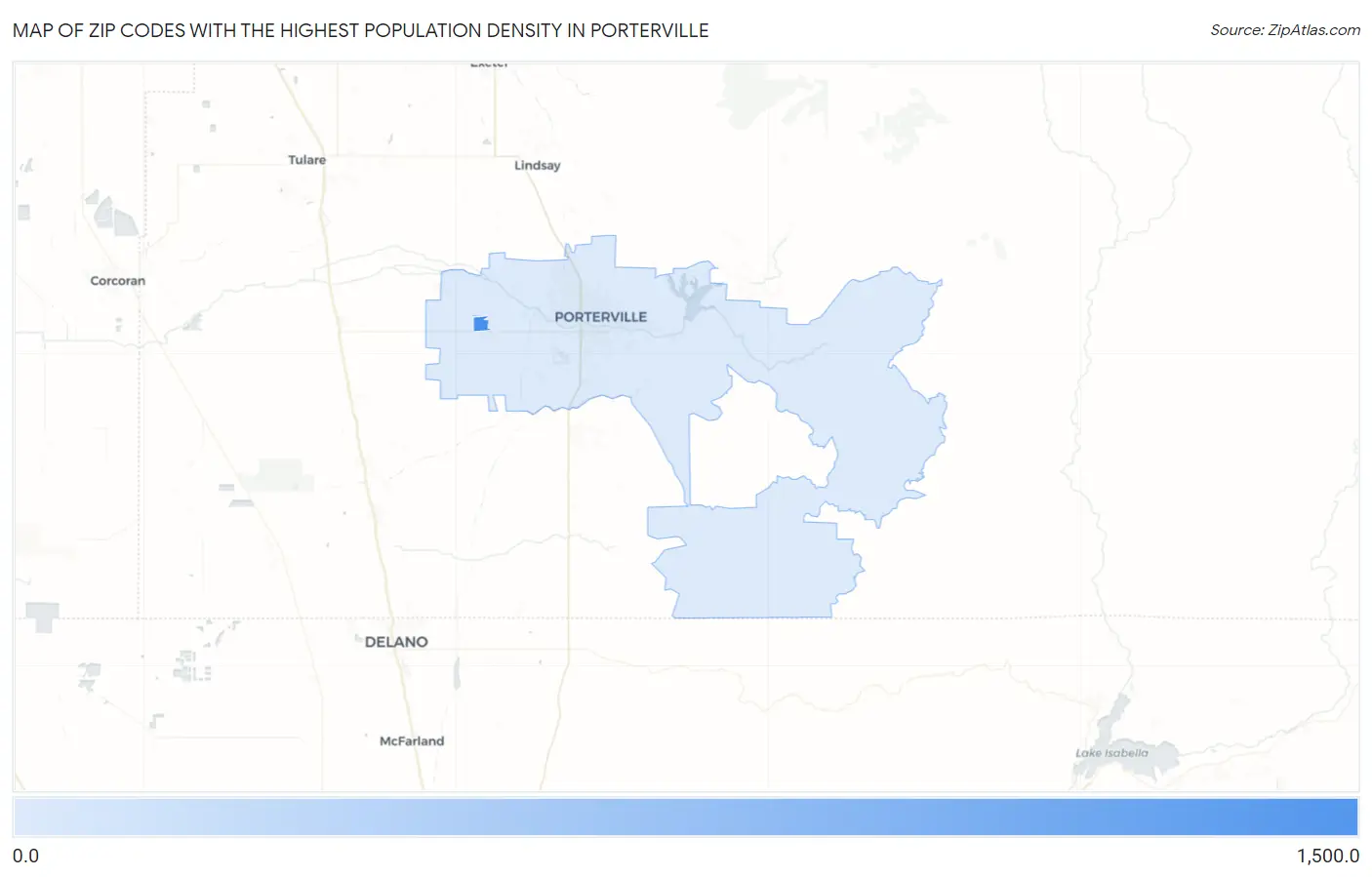 Zip Codes with the Highest Population Density in Porterville Map