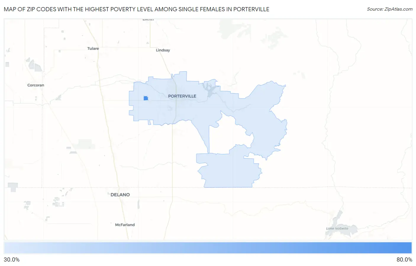 Zip Codes with the Highest Poverty Level Among Single Females in Porterville Map