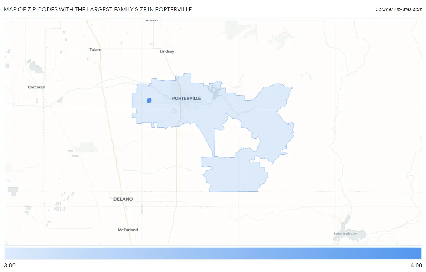 Zip Codes with the Largest Family Size in Porterville Map