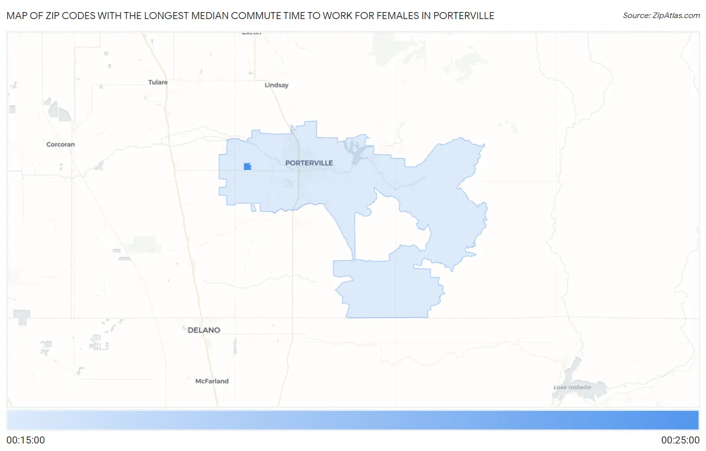 Zip Codes with the Longest Median Commute Time to Work for Females in Porterville Map