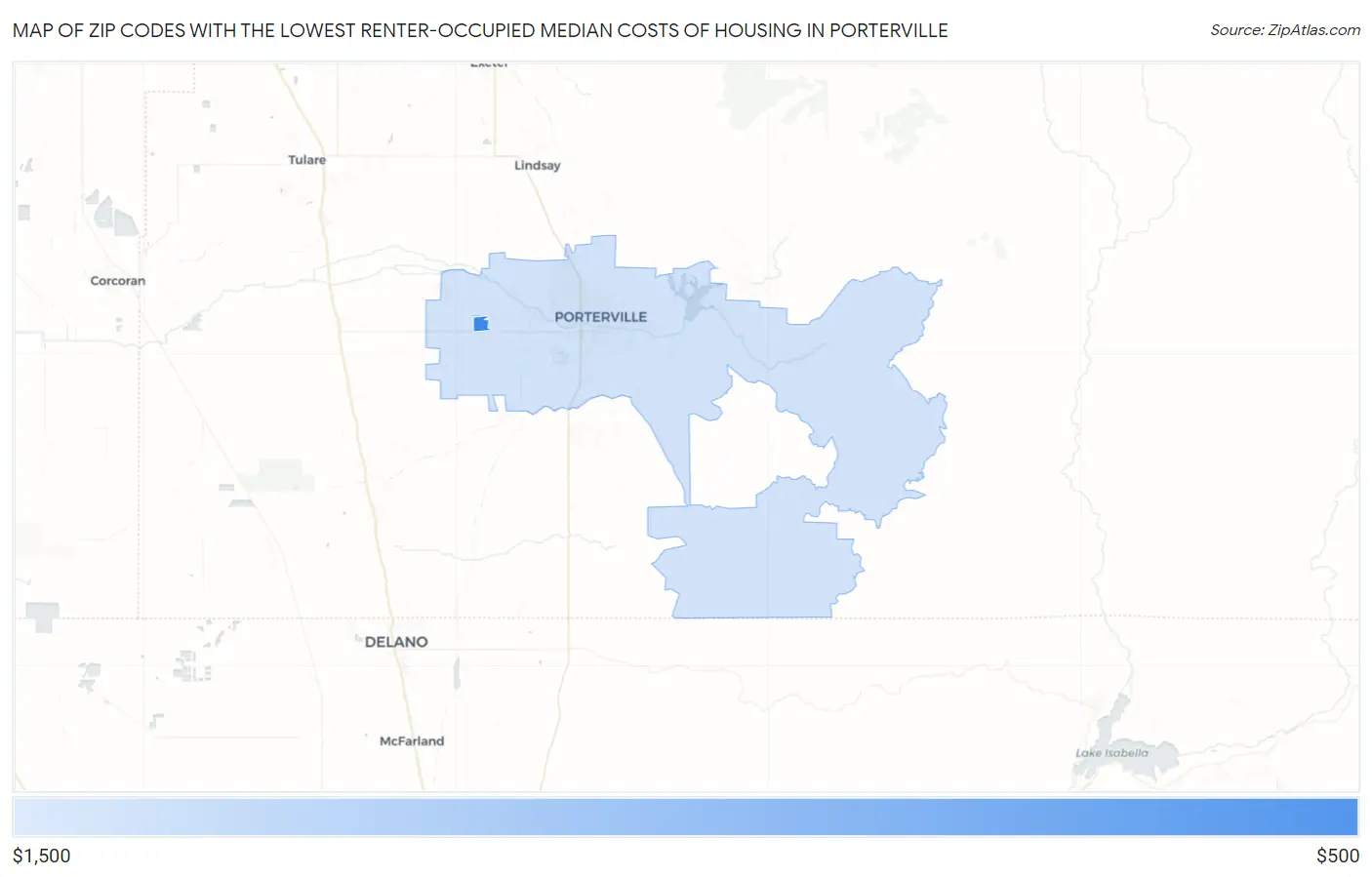 Zip Codes with the Lowest Renter-Occupied Median Costs of Housing in Porterville Map