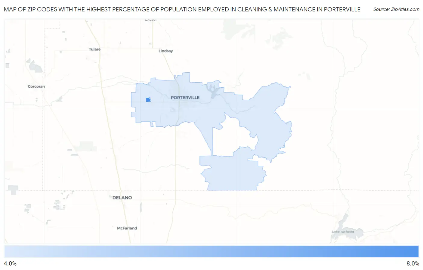 Zip Codes with the Highest Percentage of Population Employed in Cleaning & Maintenance in Porterville Map
