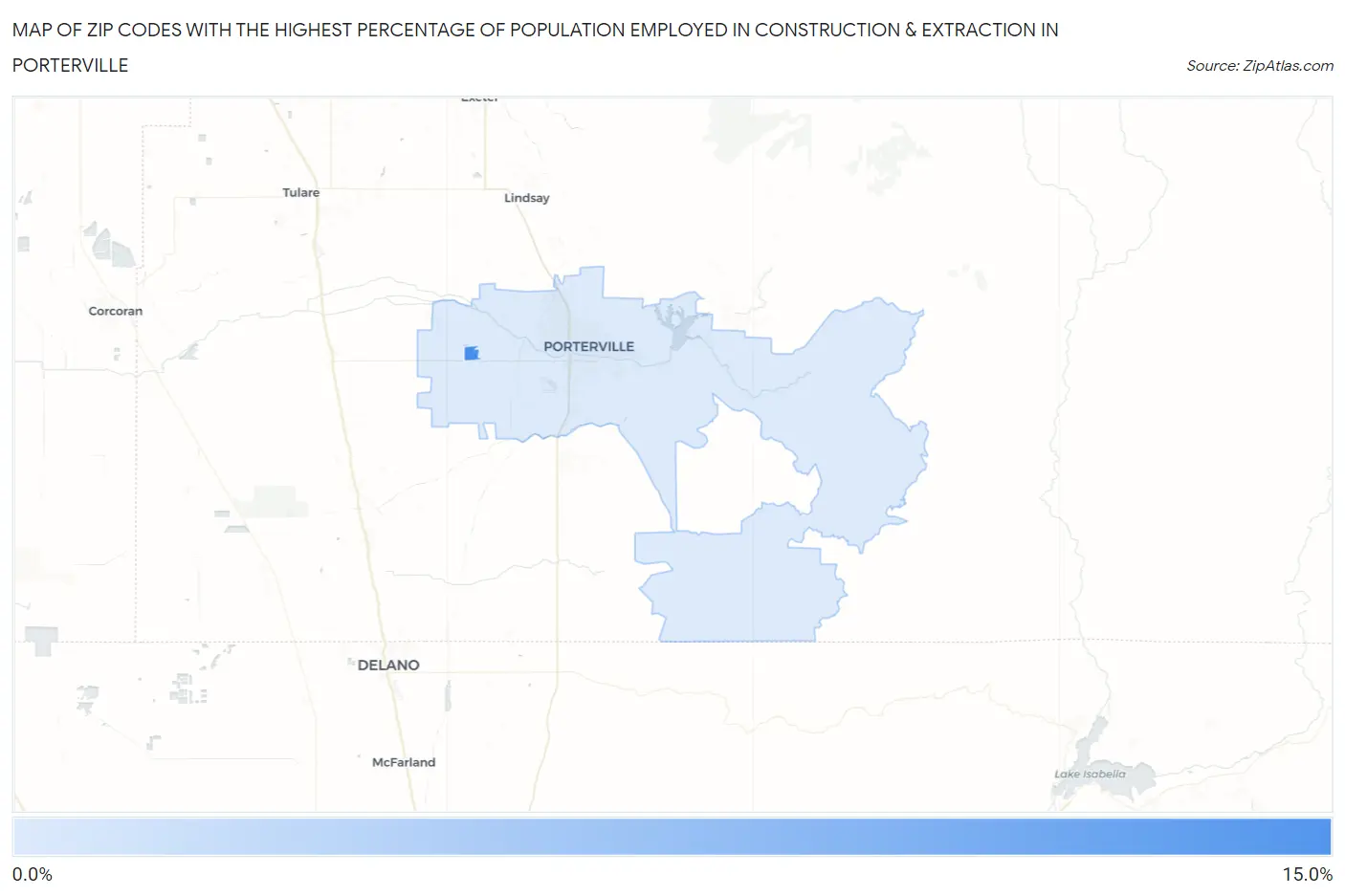 Zip Codes with the Highest Percentage of Population Employed in Construction & Extraction in Porterville Map