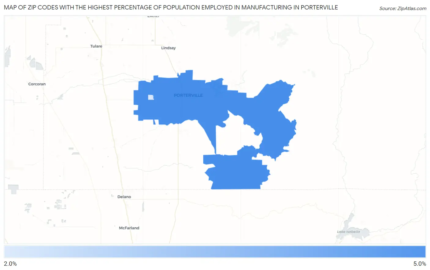 Zip Codes with the Highest Percentage of Population Employed in Manufacturing in Porterville Map