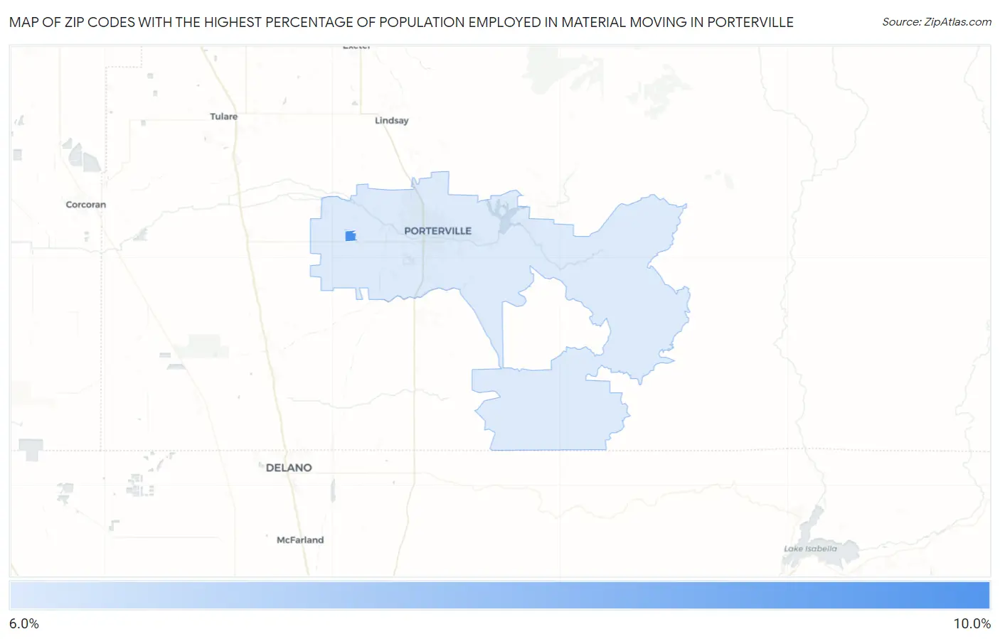 Zip Codes with the Highest Percentage of Population Employed in Material Moving in Porterville Map