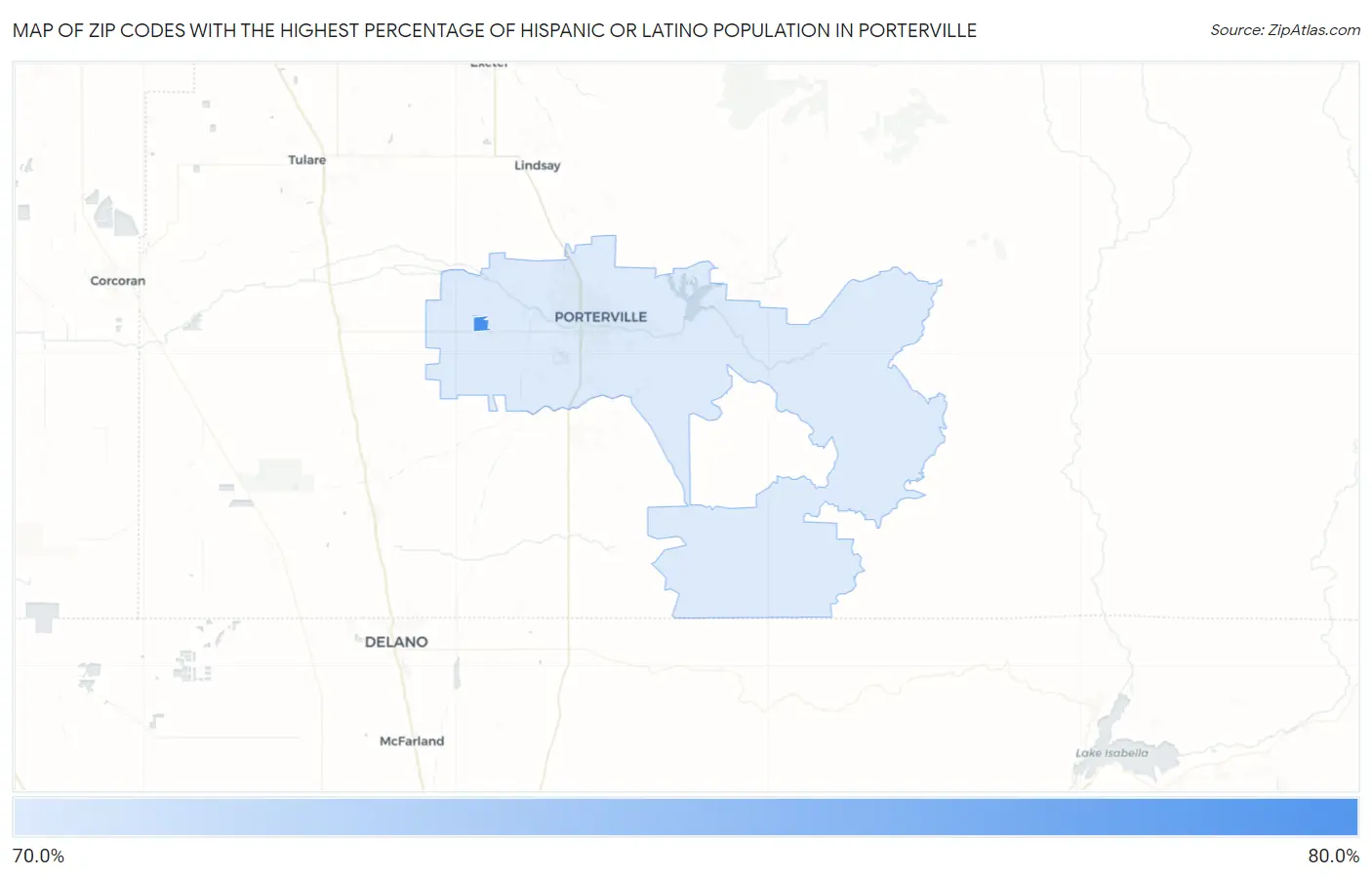 Zip Codes with the Highest Percentage of Hispanic or Latino Population in Porterville Map