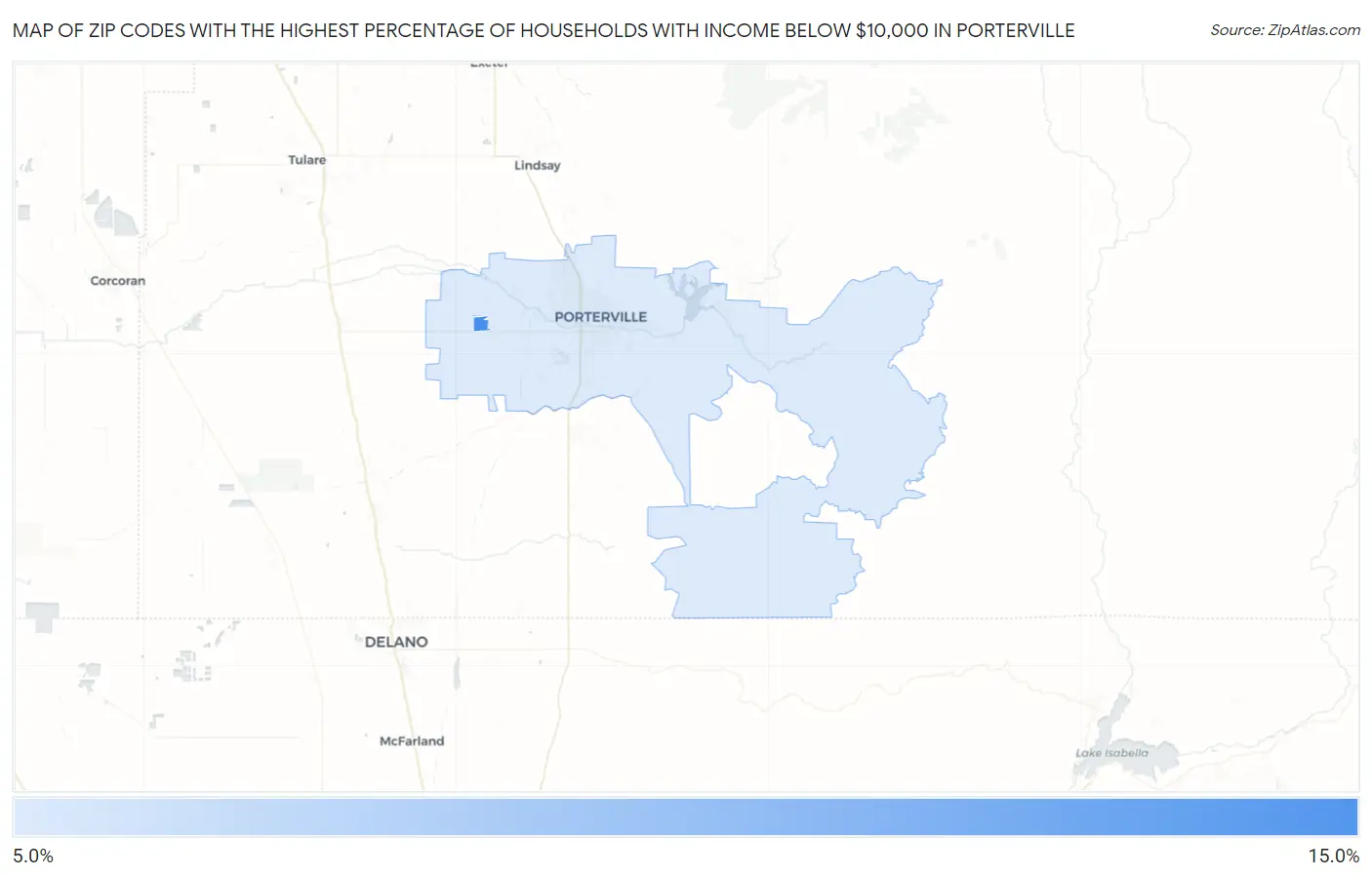 Zip Codes with the Highest Percentage of Households with Income Below $10,000 in Porterville Map