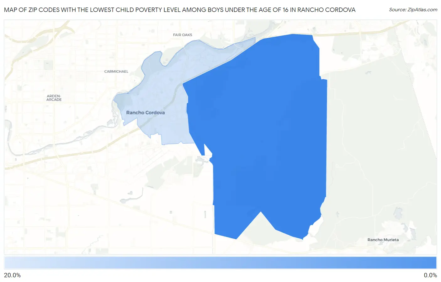 Zip Codes with the Lowest Child Poverty Level Among Boys Under the Age of 16 in Rancho Cordova Map