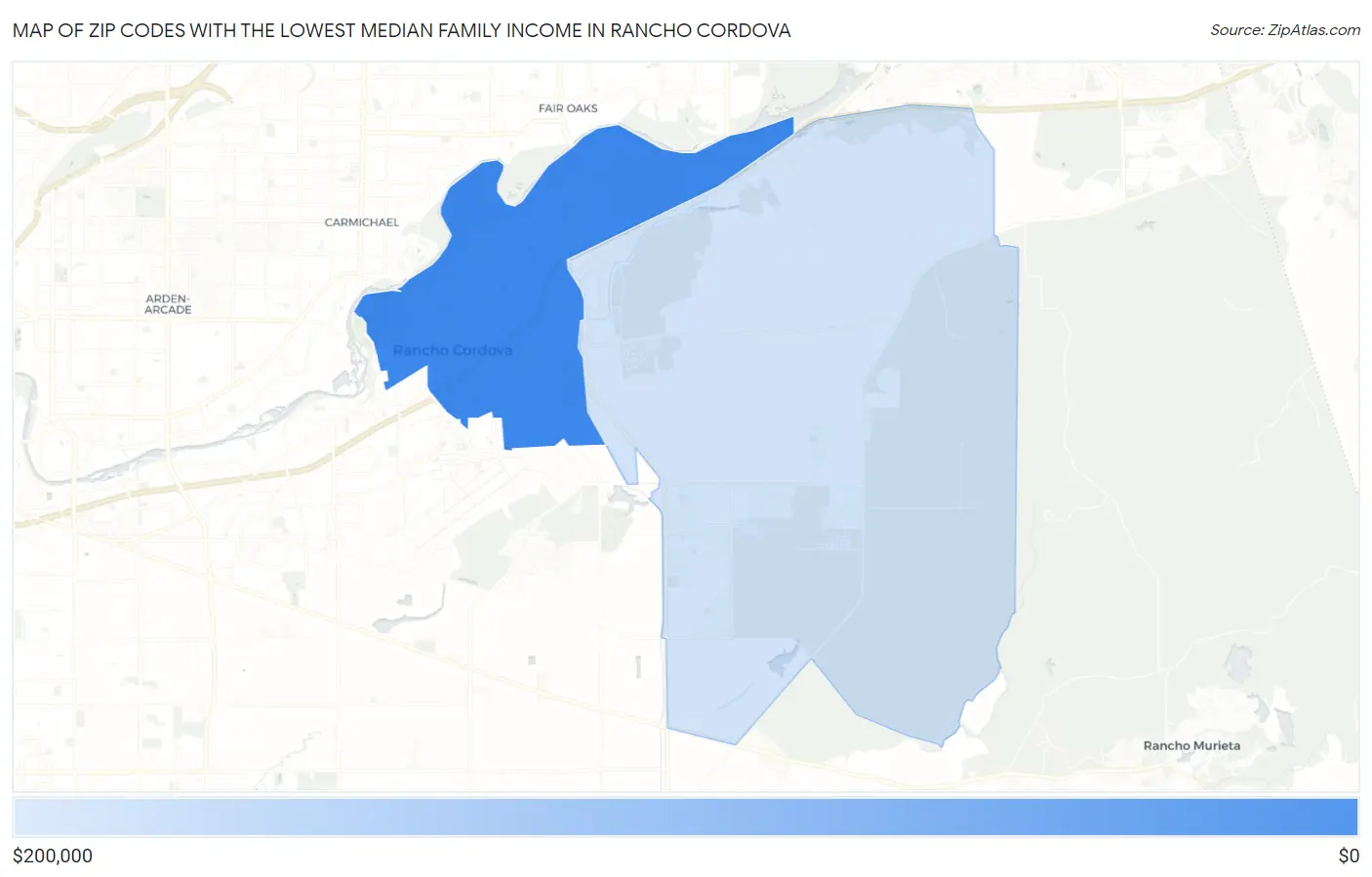 Zip Codes with the Lowest Median Family Income in Rancho Cordova Map