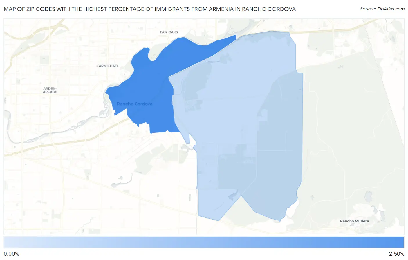 Zip Codes with the Highest Percentage of Immigrants from Armenia in Rancho Cordova Map