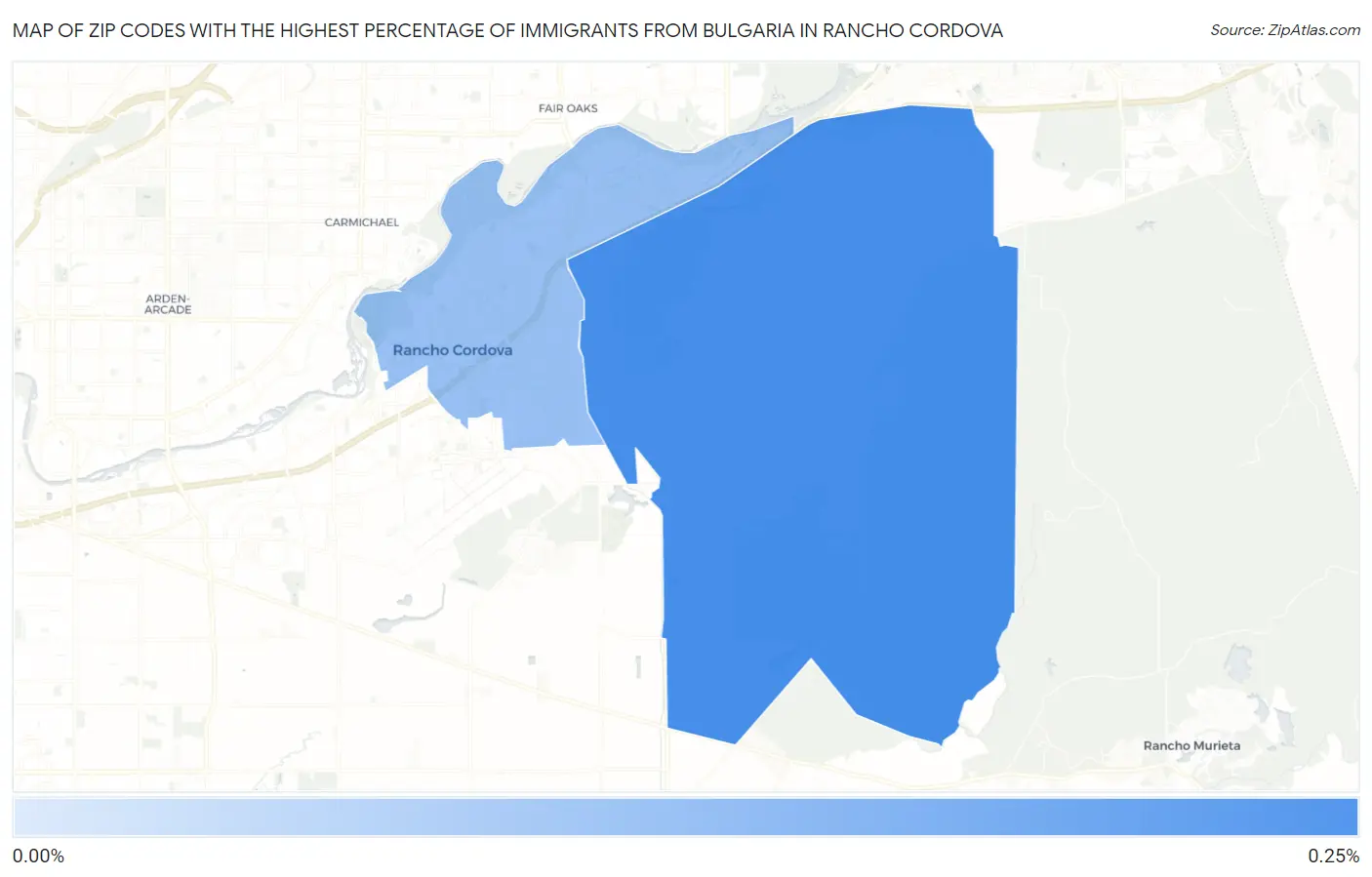 Zip Codes with the Highest Percentage of Immigrants from Bulgaria in Rancho Cordova Map