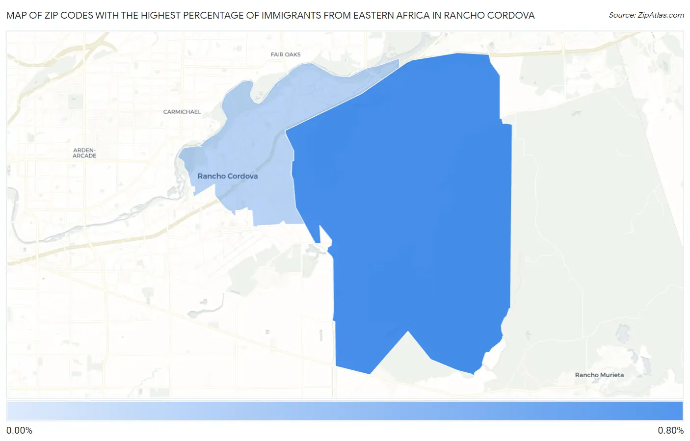 Zip Codes with the Highest Percentage of Immigrants from Eastern Africa in Rancho Cordova Map