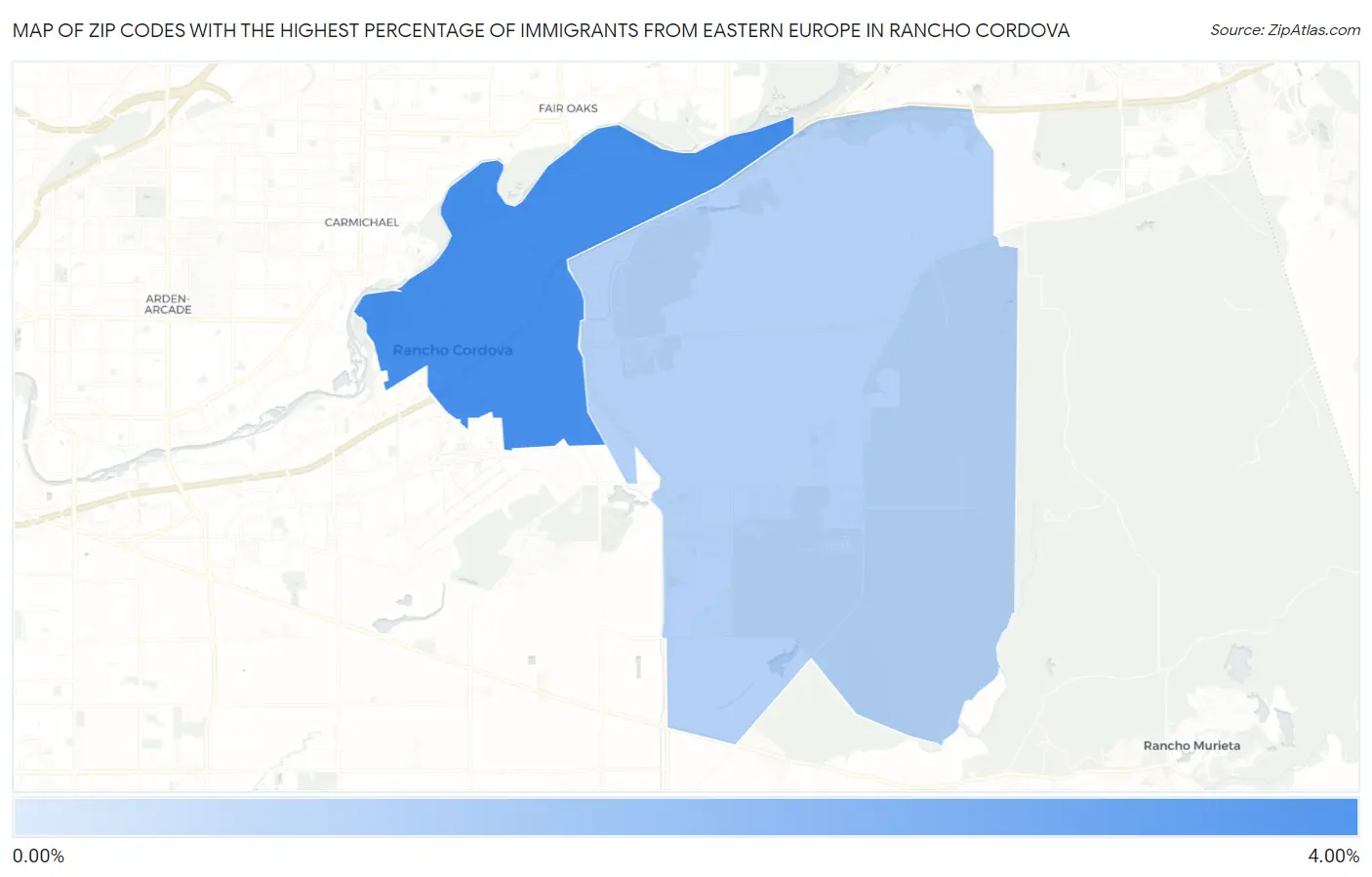 Zip Codes with the Highest Percentage of Immigrants from Eastern Europe in Rancho Cordova Map
