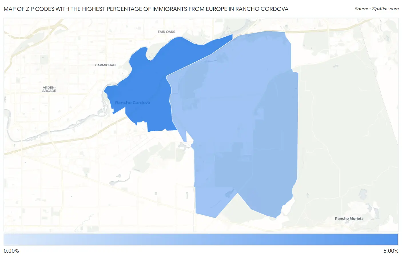 Zip Codes with the Highest Percentage of Immigrants from Europe in Rancho Cordova Map