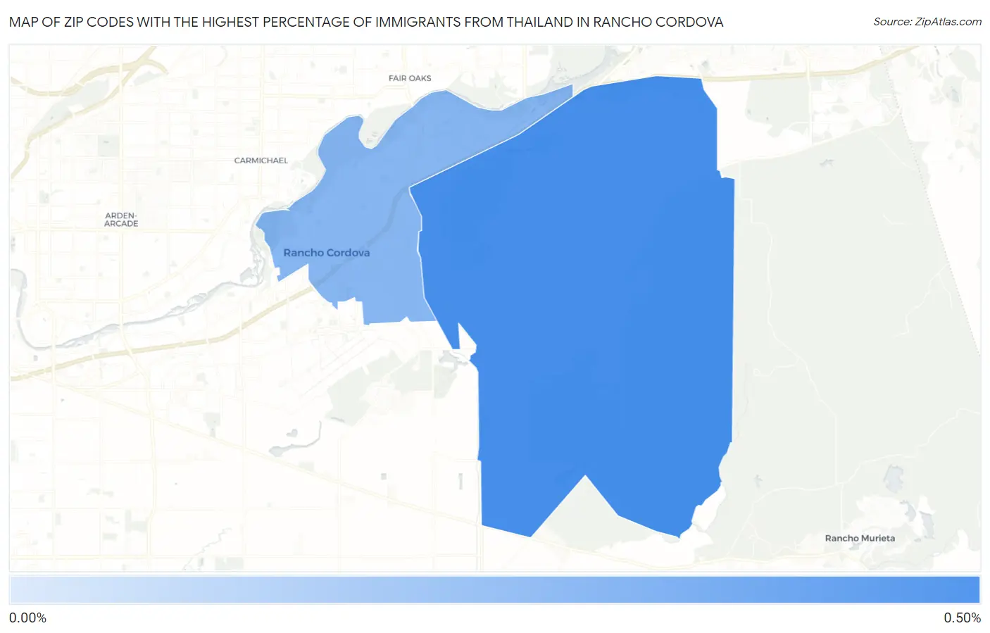 Zip Codes with the Highest Percentage of Immigrants from Thailand in Rancho Cordova Map