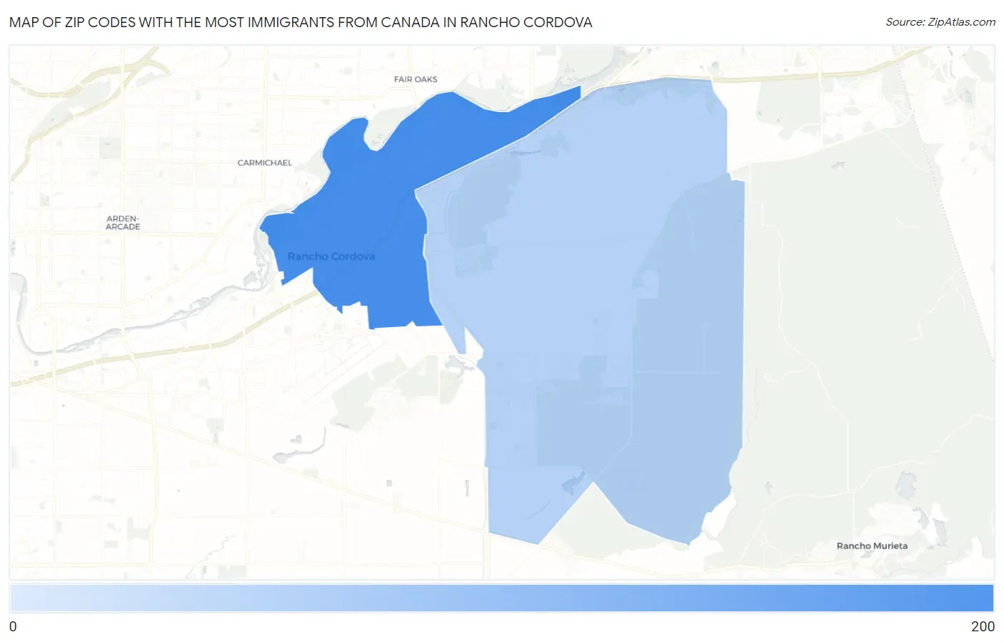 Zip Codes with the Most Immigrants from Canada in Rancho Cordova Map