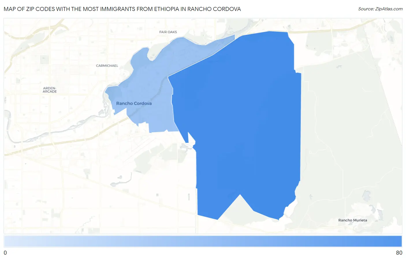 Zip Codes with the Most Immigrants from Ethiopia in Rancho Cordova Map