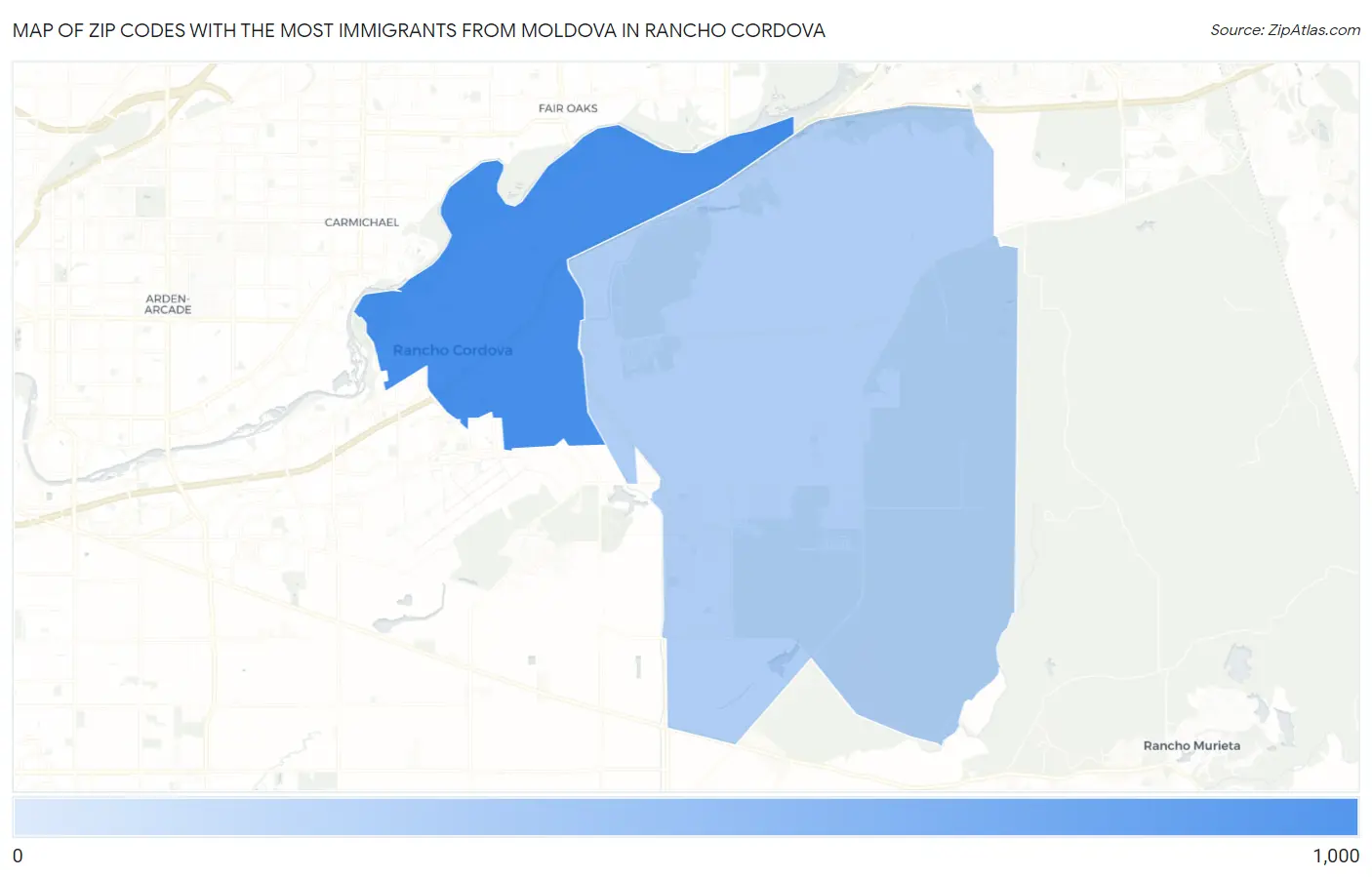 Zip Codes with the Most Immigrants from Moldova in Rancho Cordova Map