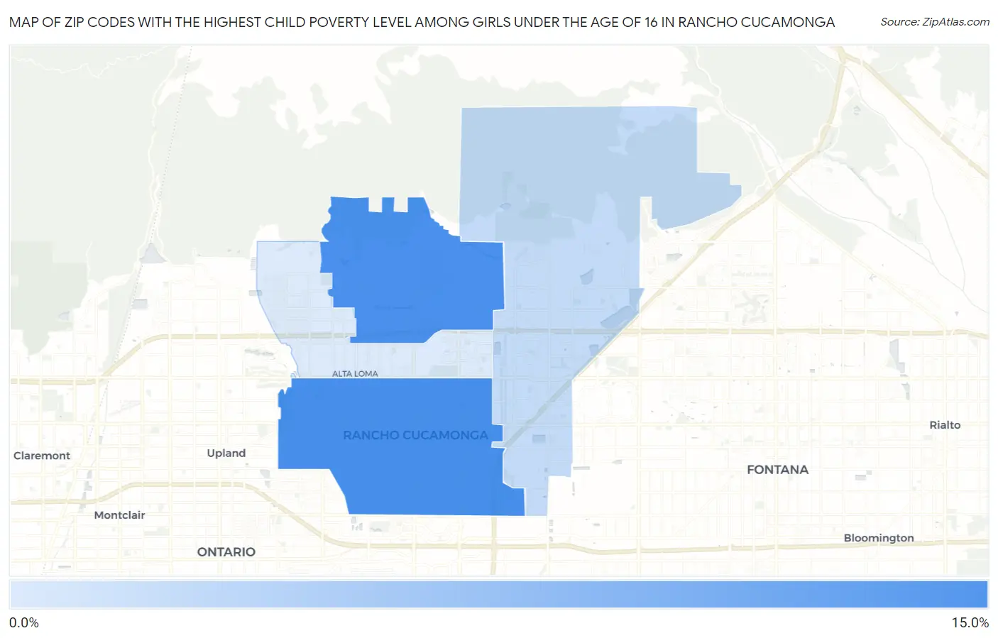 Zip Codes with the Highest Child Poverty Level Among Girls Under the Age of 16 in Rancho Cucamonga Map