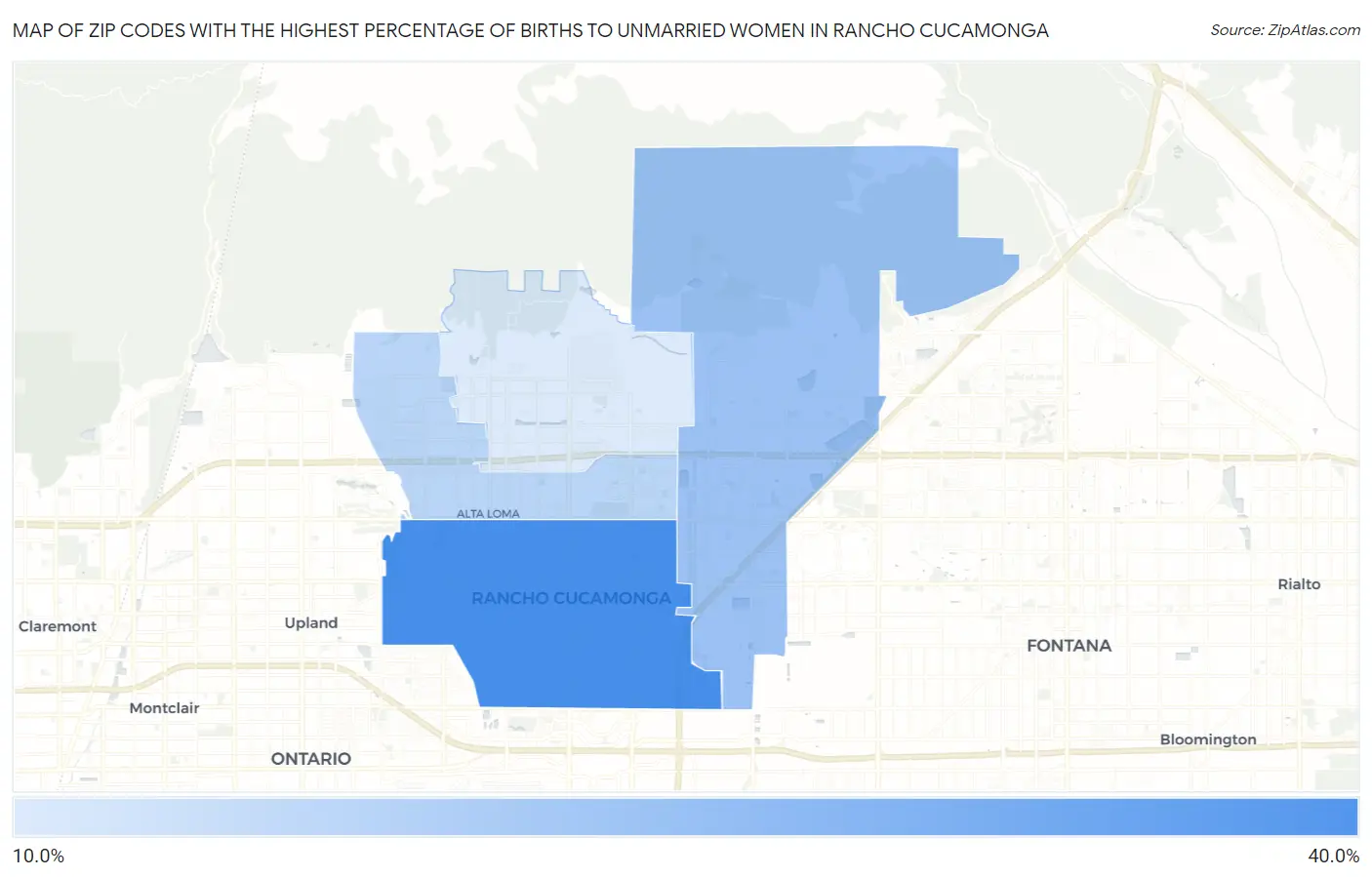 Zip Codes with the Highest Percentage of Births to Unmarried Women in Rancho Cucamonga Map