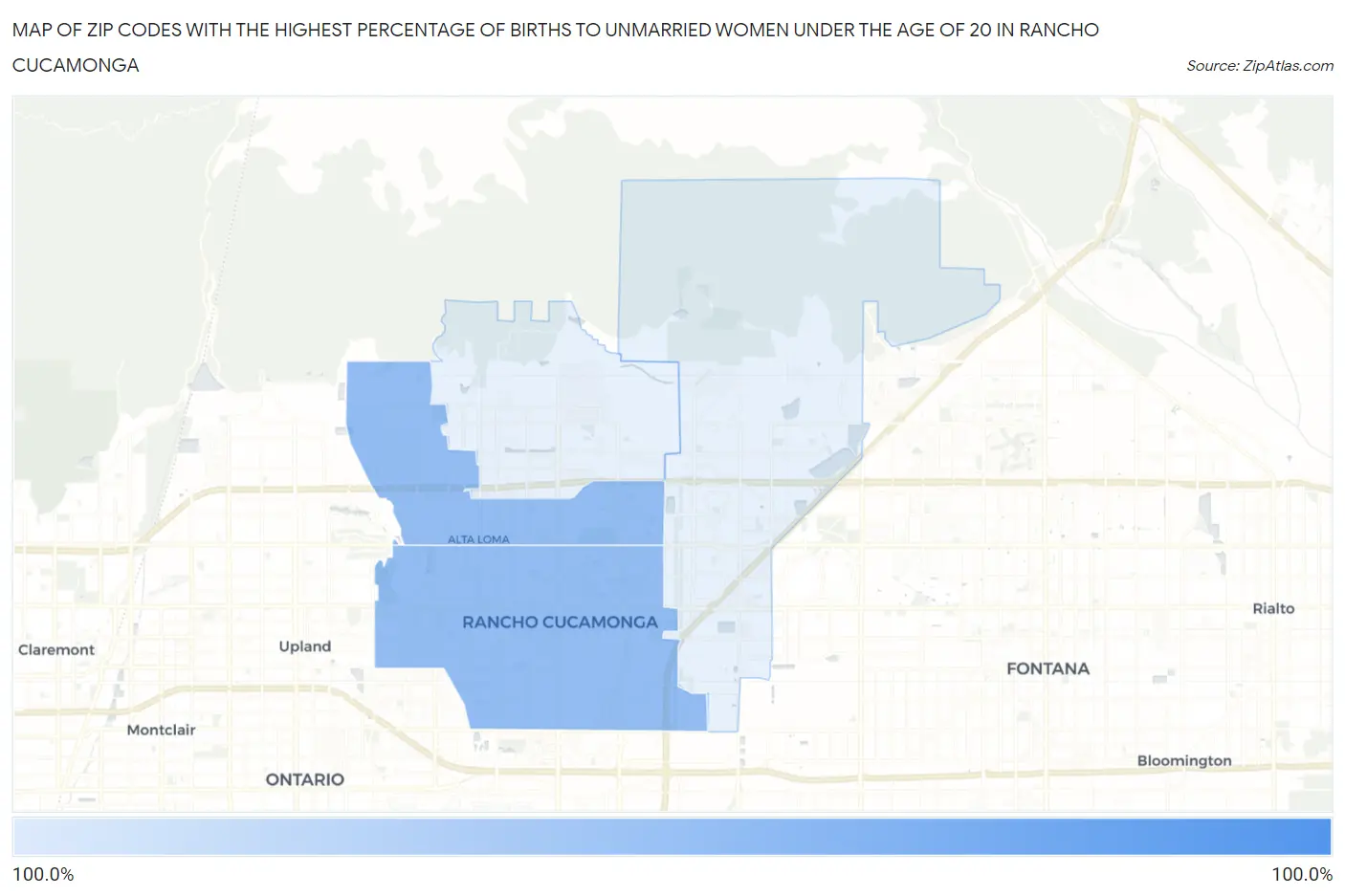 Zip Codes with the Highest Percentage of Births to Unmarried Women under the Age of 20 in Rancho Cucamonga Map