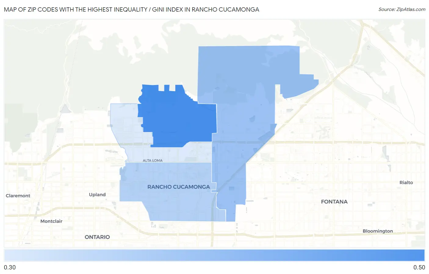 Zip Codes with the Highest Inequality / Gini Index in Rancho Cucamonga Map