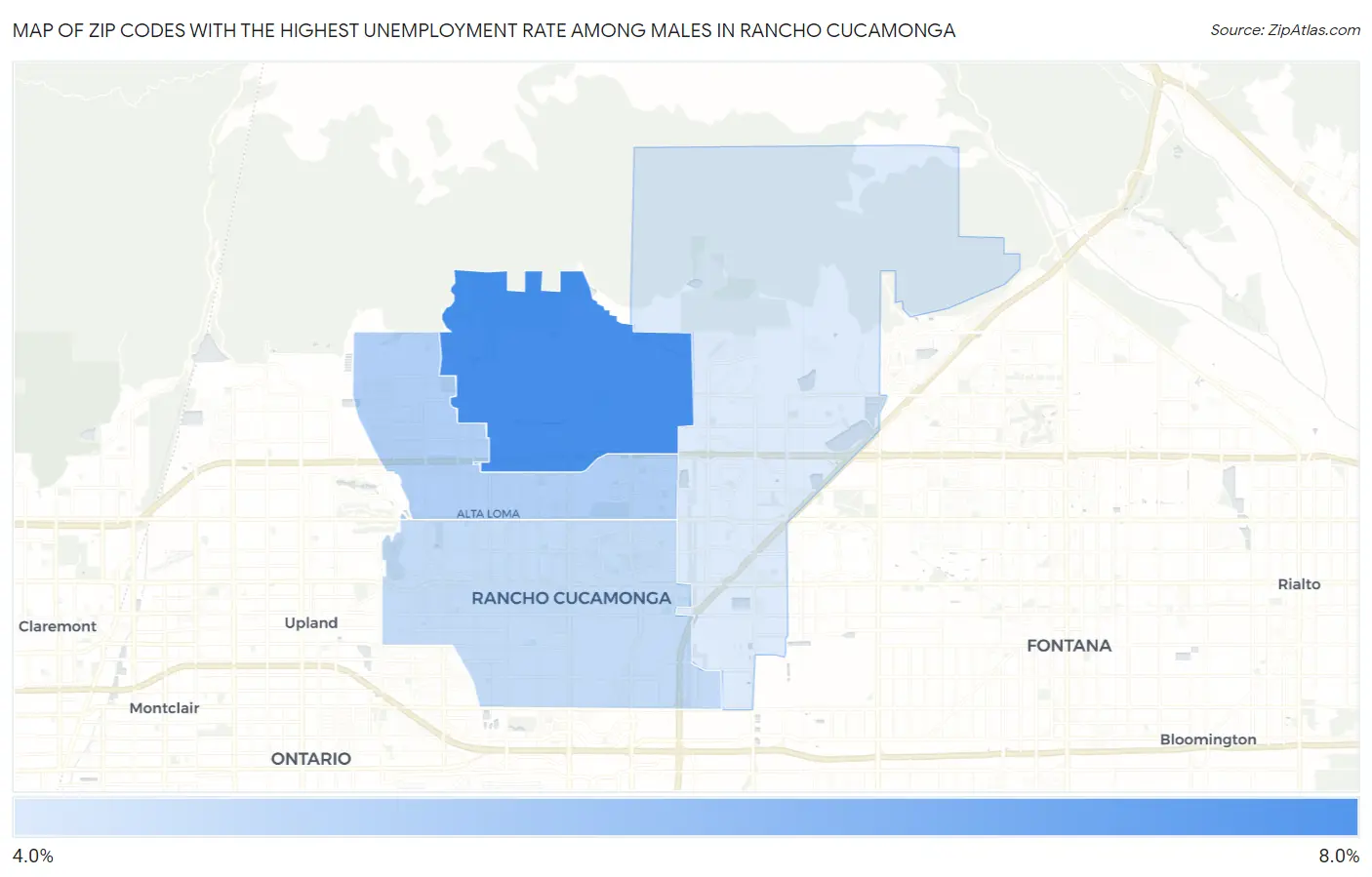 Zip Codes with the Highest Unemployment Rate Among Males in Rancho Cucamonga Map