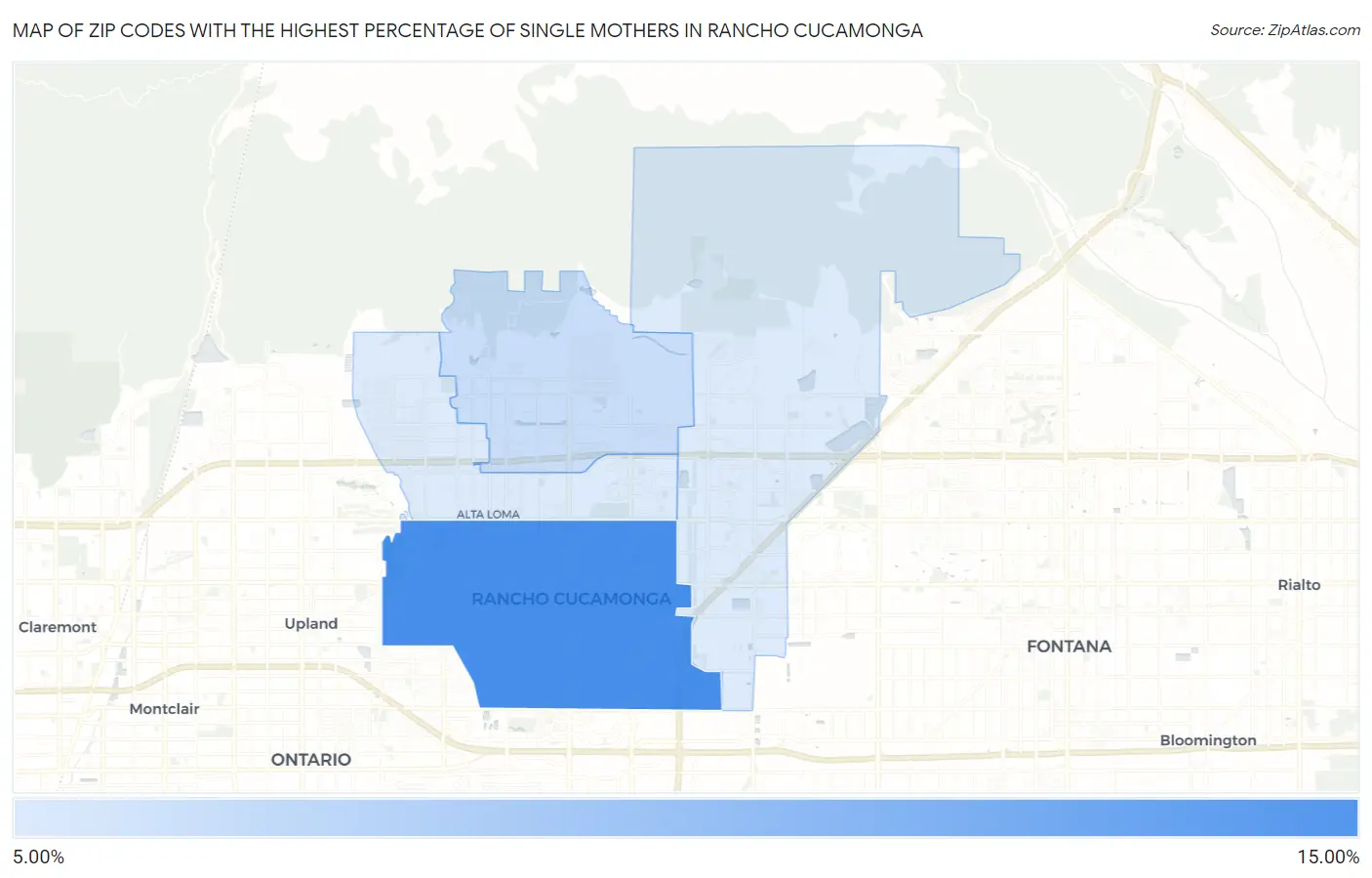 Zip Codes with the Highest Percentage of Single Mothers in Rancho Cucamonga Map