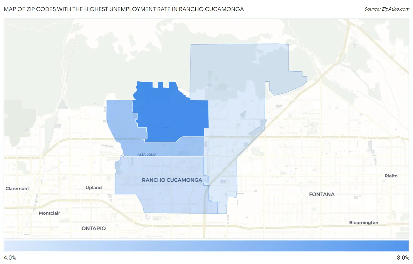 Zip Codes with the Highest Unemployment Rate in Rancho Cucamonga Map