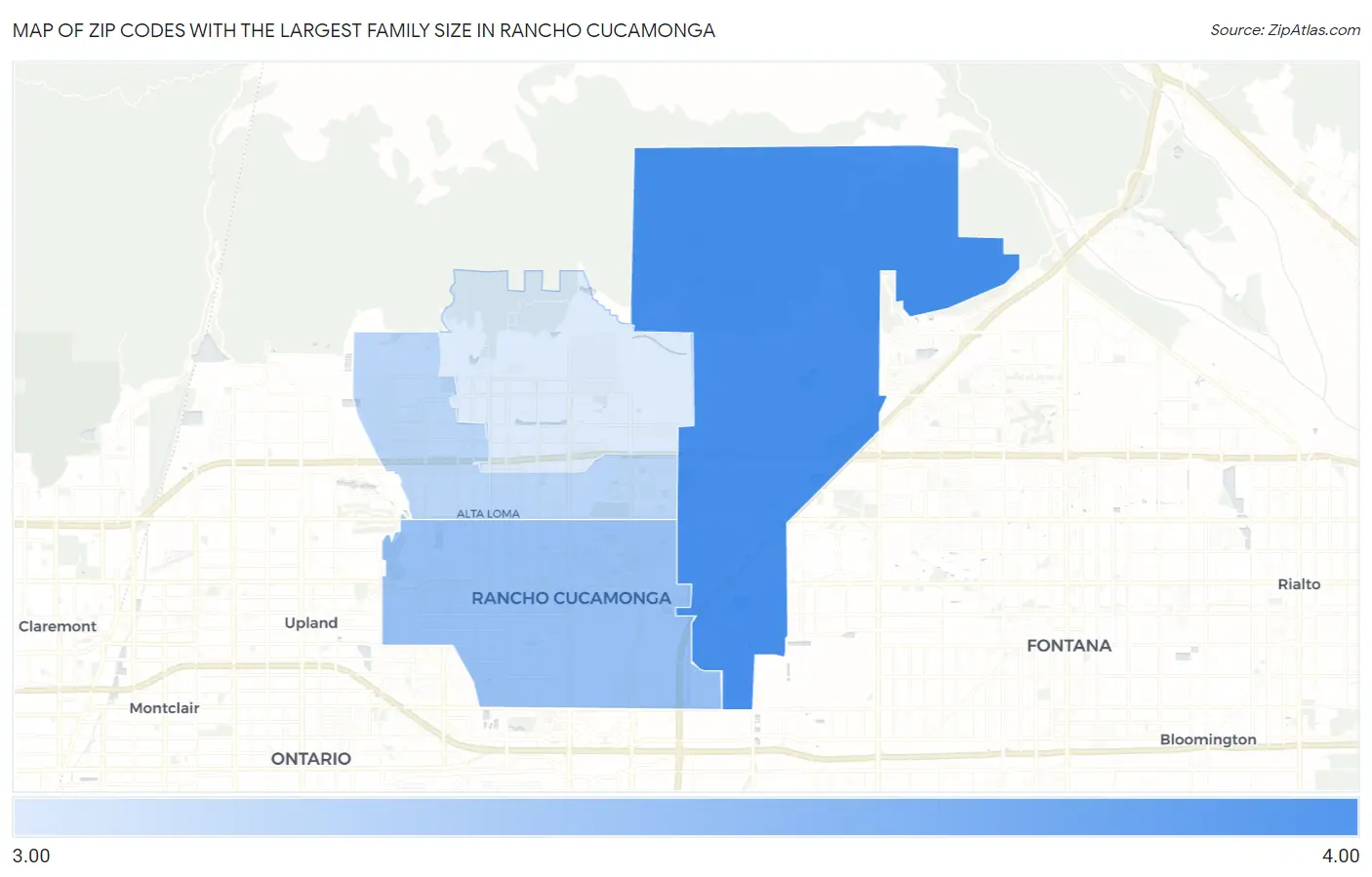 Zip Codes with the Largest Family Size in Rancho Cucamonga Map