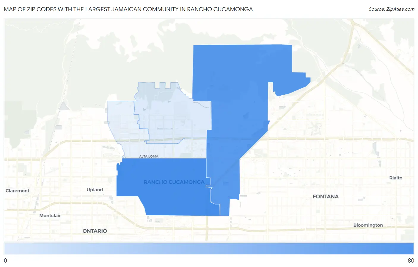 Zip Codes with the Largest Jamaican Community in Rancho Cucamonga Map