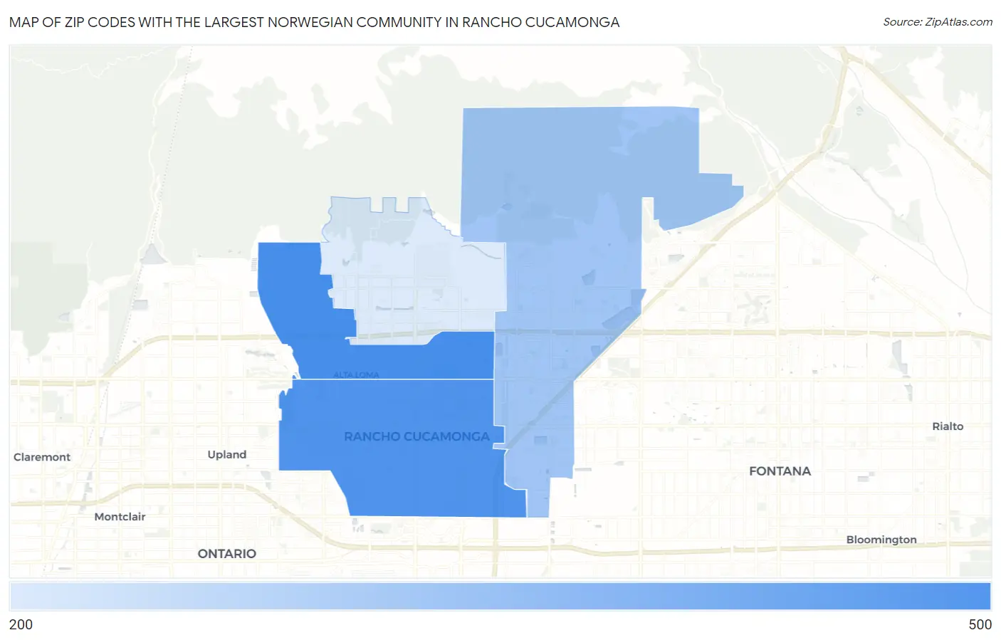 Zip Codes with the Largest Norwegian Community in Rancho Cucamonga Map