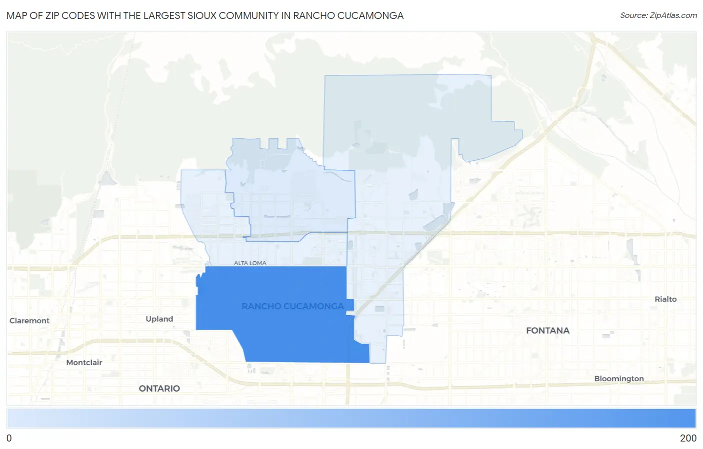Zip Codes with the Largest Sioux Community in Rancho Cucamonga Map