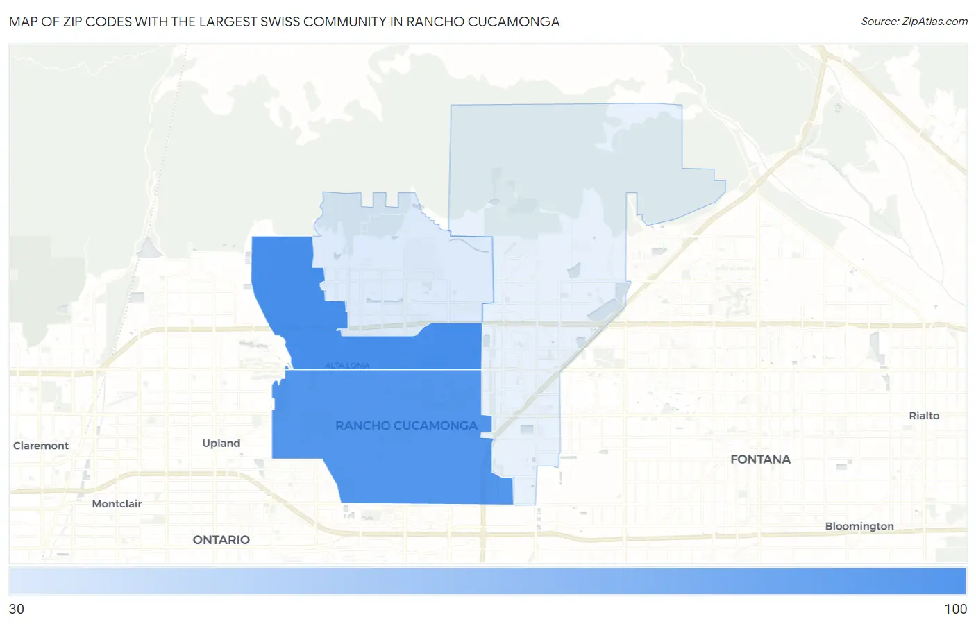 Zip Codes with the Largest Swiss Community in Rancho Cucamonga Map