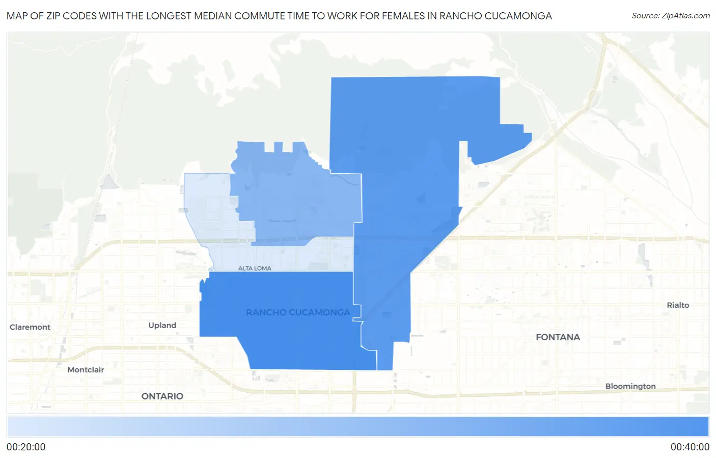 Zip Codes with the Longest Median Commute Time to Work for Females in Rancho Cucamonga Map