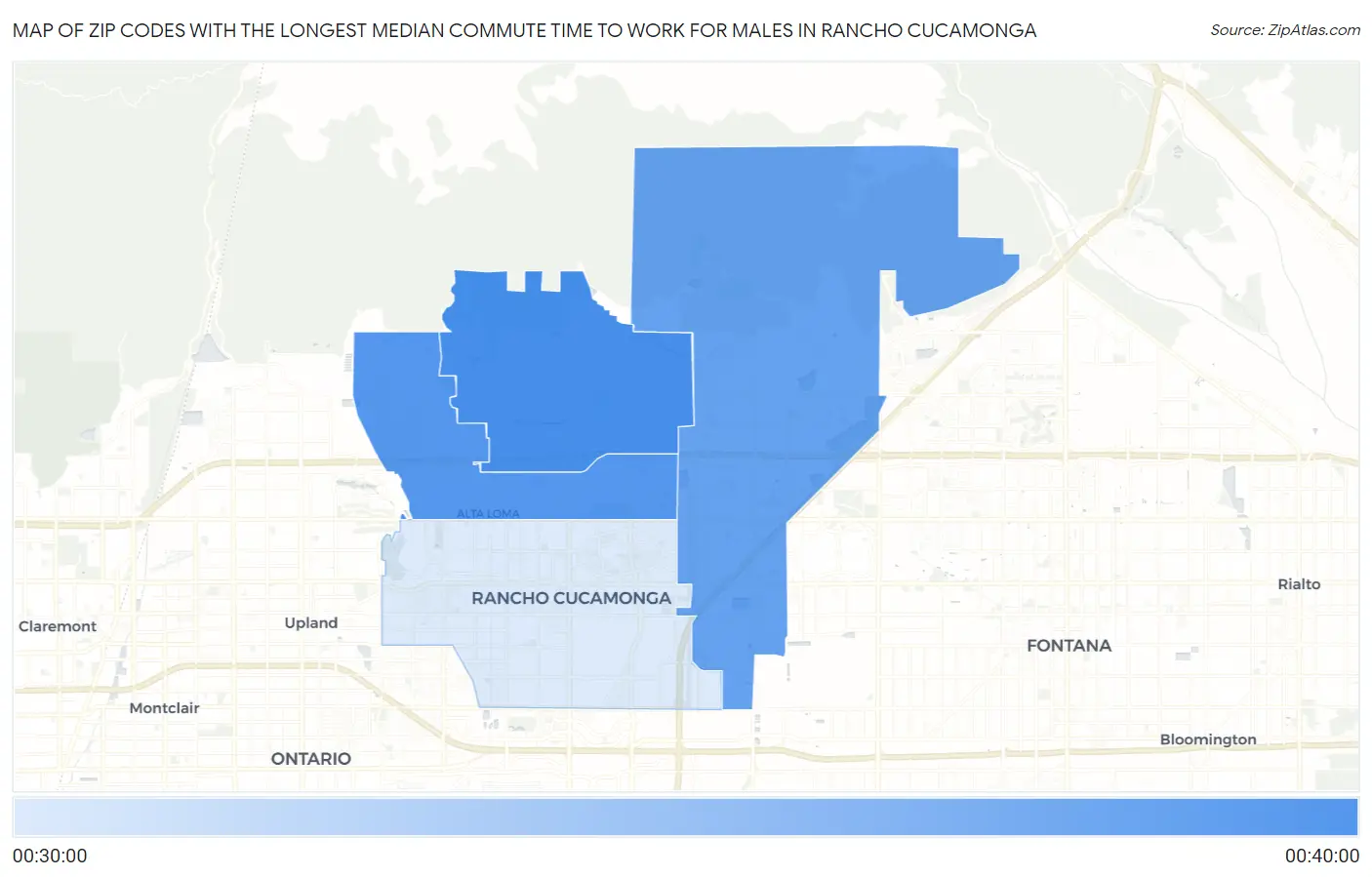 Zip Codes with the Longest Median Commute Time to Work for Males in Rancho Cucamonga Map